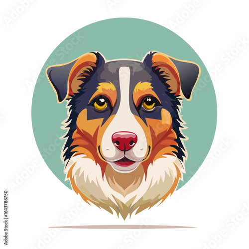 Cartoon Aussie Dog Head Portrait on Circle Background - Cute canine illustration design with stylized appearance, friendly expression, and vivid colors.