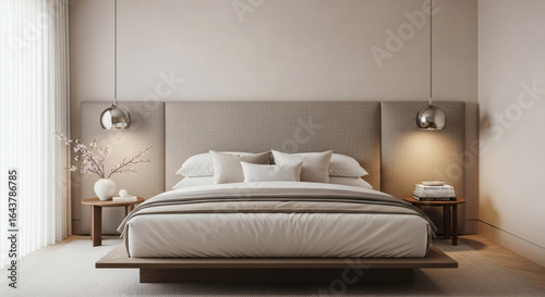 Serene Neutral Bedroom Interior with Platform Bed and Spherical Pendant Lamps