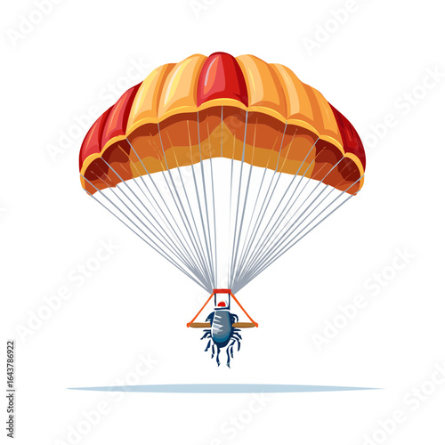 Cartoon insect character parachuting or skydiving with colorful parachute on black