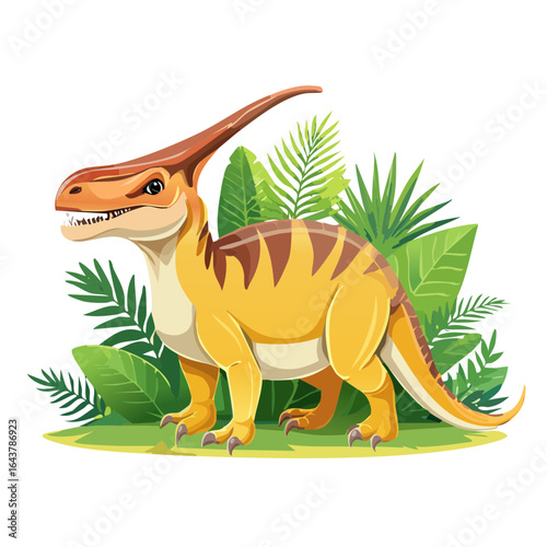 Cartoon Parasaurolophus Dinosaur Standing Among Lush Tropical Plants Illustration