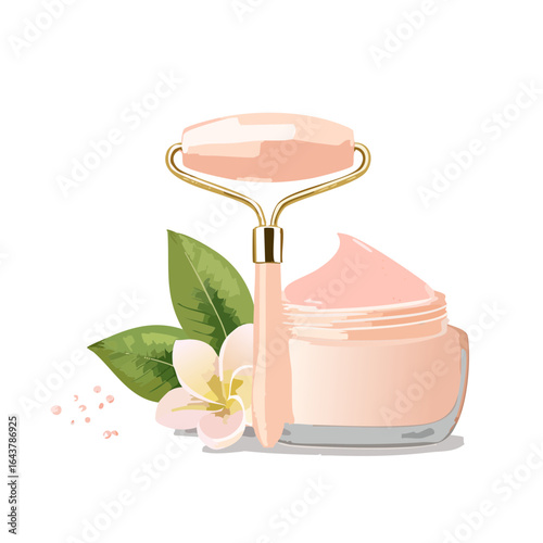 Rose Quartz Facial Roller Cream Jar and Floral Beauty and Wellness Still Life