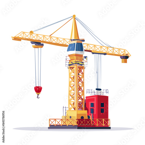 Illustration of a construction crane with a red base and yellow frame on a black background