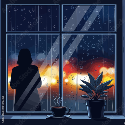 Rainy night outside a window with a person's silhouette, a steaming cup of tea, and city lights blurred in the background, a cozy vector illustration