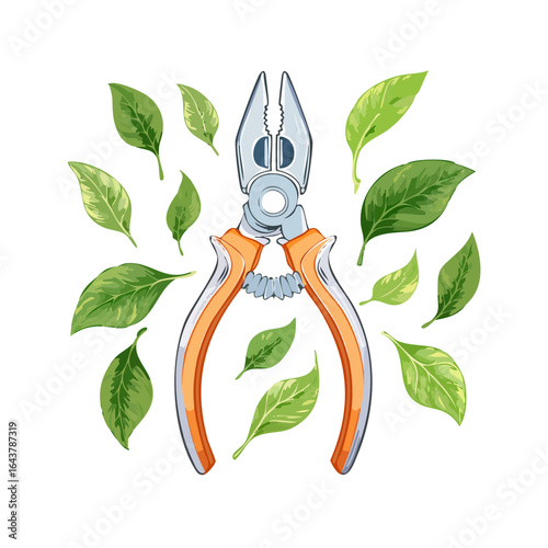 Pliers surrounded by green leaves against a black background