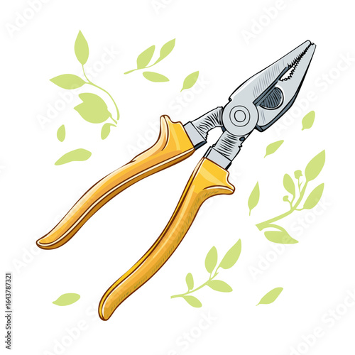 Illustration of yellow handled pliers and leaves on black background representing gardening or crafting