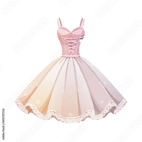 Elegant pink gown with corset bodice and lace trim isolated on black background