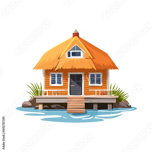 Cartoon cottage on water, stilt house with thatched roof, lakeside cabin, isolated
