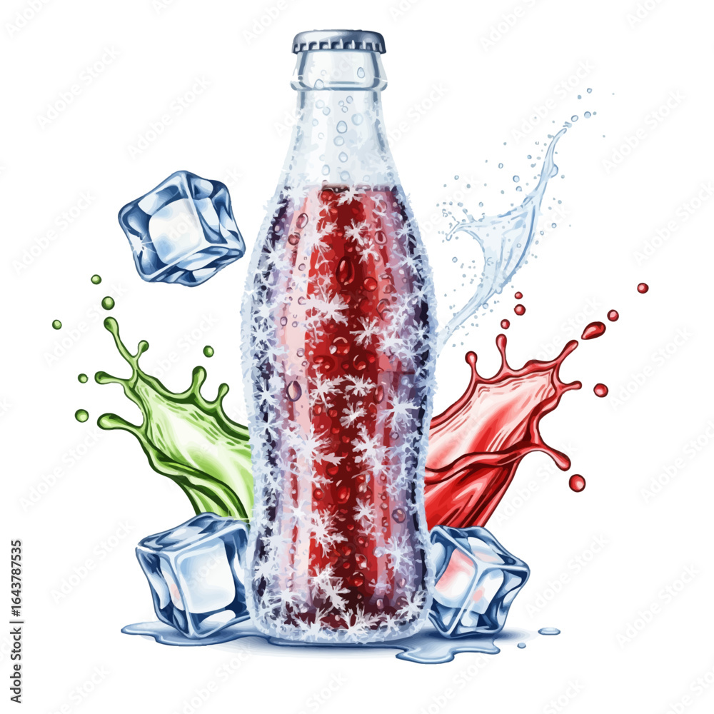 Frozen cold soda bottle with frost and snowflakes, surrounded by ice cubes and dynamic colorful splashes, a refreshing vector illustration