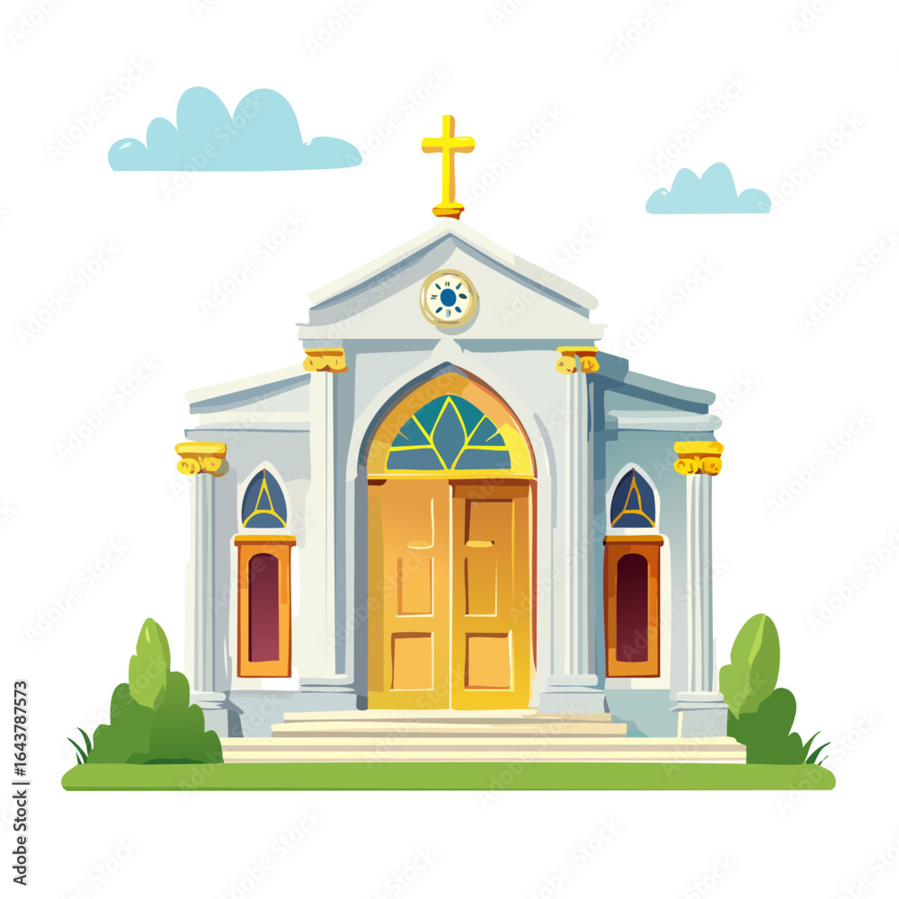 Fototapeta premium Cartoon church illustration with golden cross, arched doorway, and symmetrical design against a black background.