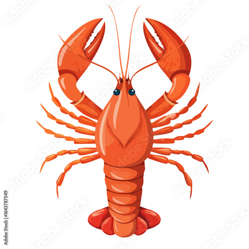 Isolated orange cartoon lobster character featuring large claws and many legs, a seafood illustration on a black background
