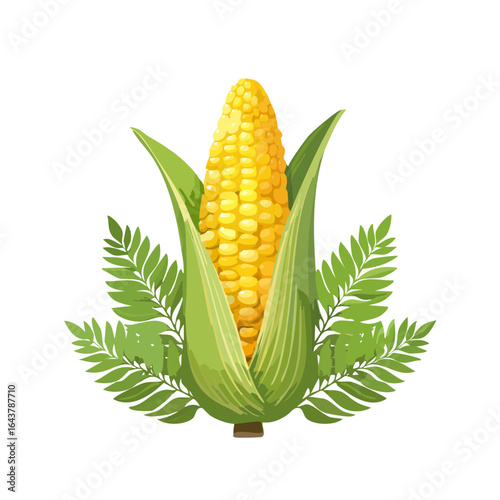 Corn on the cob with green husk leaves and fern decoration against black background