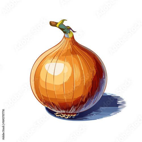 Illustration of a golden onion vegetable with distinctive skin and textured roots against a dark backdrop for culinary themes