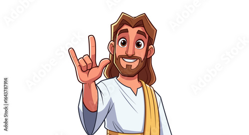 Joyful Jesus Character Makes Rock On Hand Sign Isolated on Transparent Background