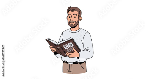 Joyful Bearded Man Concentrated Reading Open Book Knowledge Wisdom Education Understanding Learning Isolated on Transparent Background