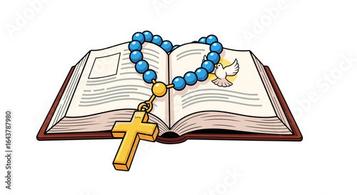 Sacred Holy Book Open with Blue Rosary Beads and Golden Cross a Symbol of Faith and Hope Isolated on Transparent Background