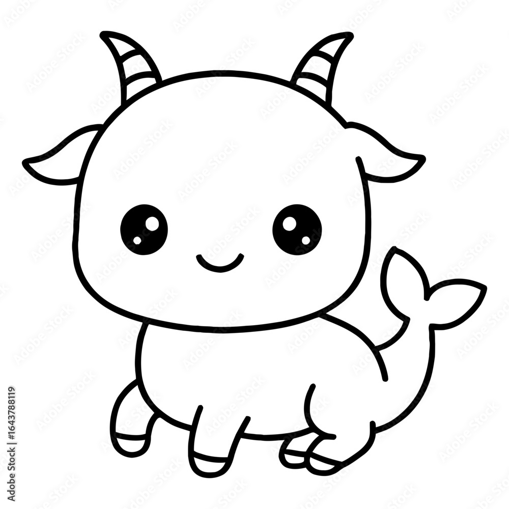 Fototapeta premium Cute cartoon Capricorn zodiac goat with fish tail in black and white line art style