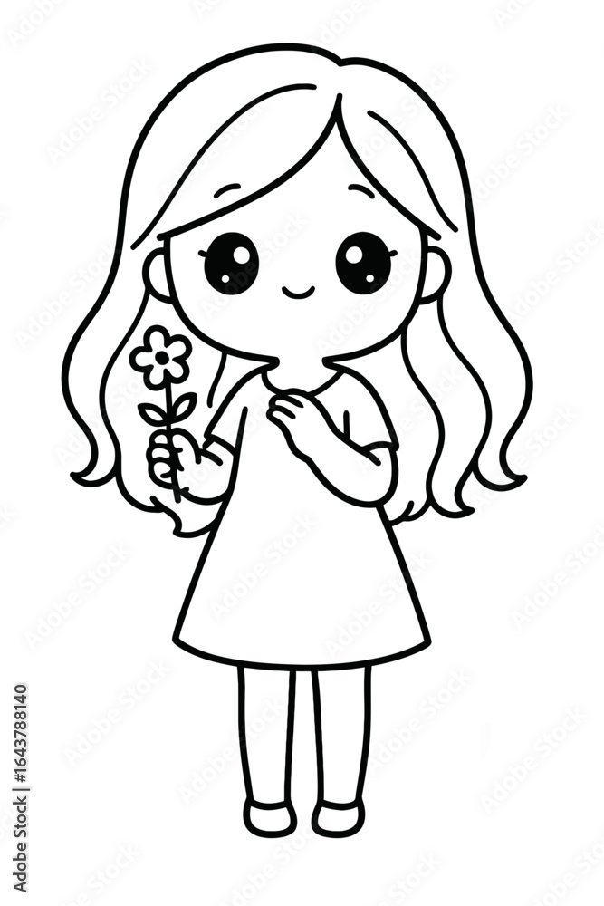 Obraz premium Cute cartoon girl holding flower illustration in black and white line art style