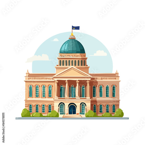 Illustration of a generic government building with a dome and flag in a cartoon style against a sky backdrop.