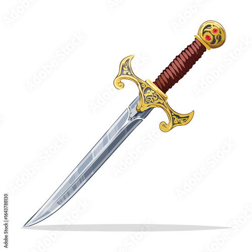 Fantasy Sword with Golden Hilt and Red Gems on Black Background, Medieval Weapon