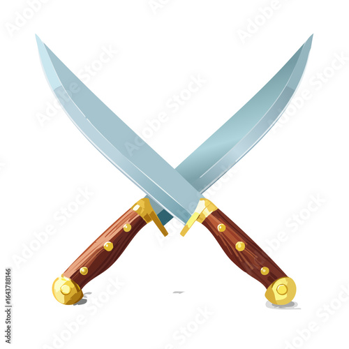 Cartoon illustration of two crossed hunting knives with wooden handles, against a black background
