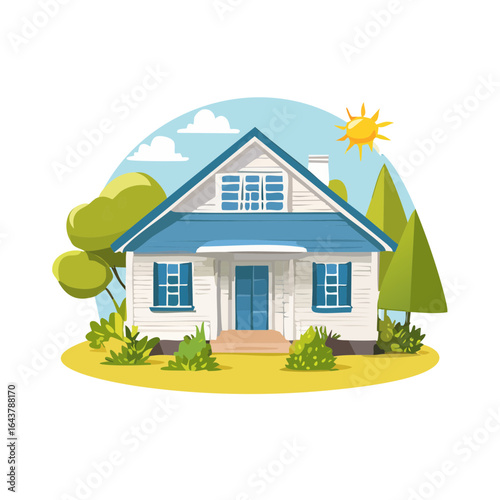 Quaint white house with blue trim nestled amongst green trees under a bright sun vector illustration