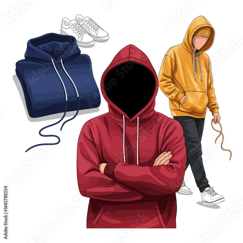 A set of three hoodies in different colors and poses, a folded navy blue and two men wearing a red and yellow hoodie, a modern fashion vector illustration