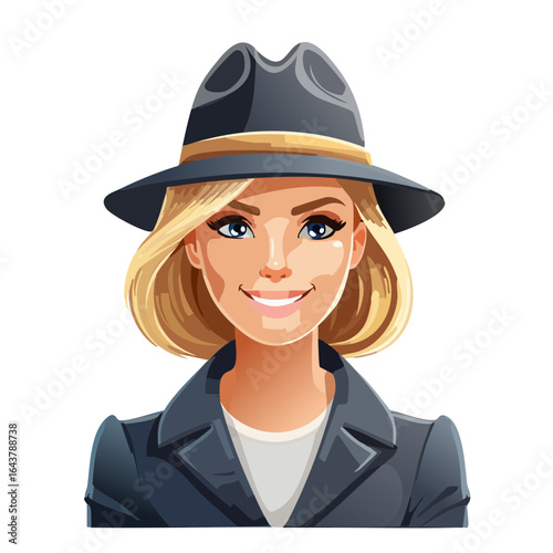 Cartoon woman portrait stylish detective hat blonde hair confident expression vibrant illustration