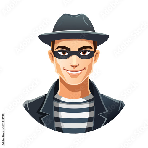 Cartoon robber portrait man wearing mask hat striped shirt and jacket smiling criminal character security concept