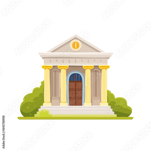Cartoon style governmental building facade with columns and stairs, vector illustration