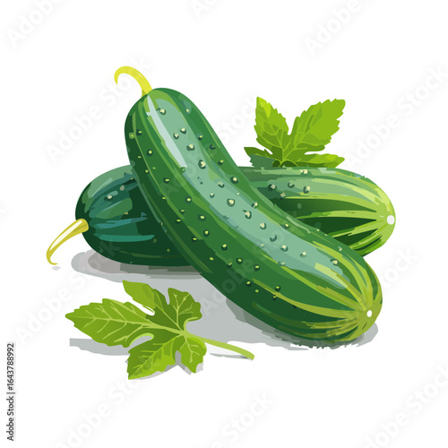 Two green cucumbers with green leaves isolated on black, fresh vegetables.