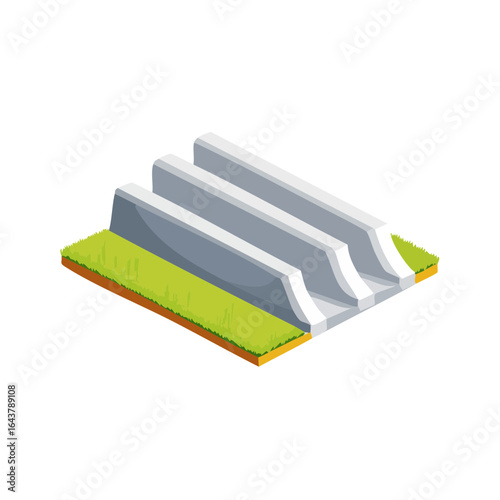 Isometric illustration of a three-channel drainage system on a grass terrain with a black background, ideal for presentations or infrastructure diagrams