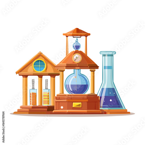 Whimsical science lab with potion bottles and time measuring device fantasy illustration