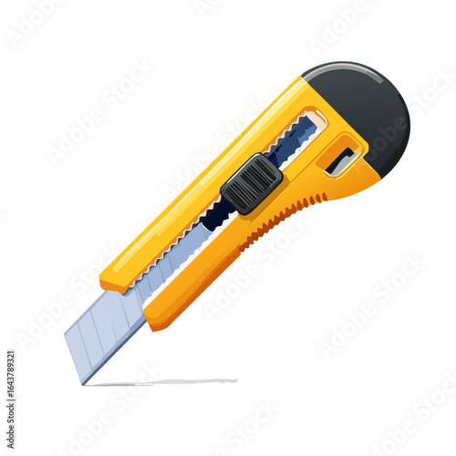 Yellow box cutter crafting tool utility knife with exposed blade sharp precision cutting tool equipment