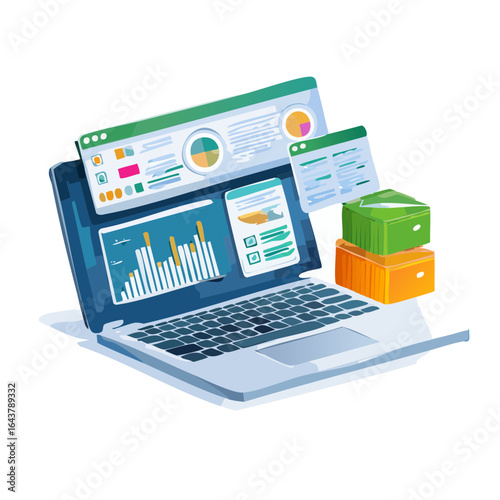 Laptop display with infographic elements and paper stack for business analytics and report visualization for financial growth and monitoring