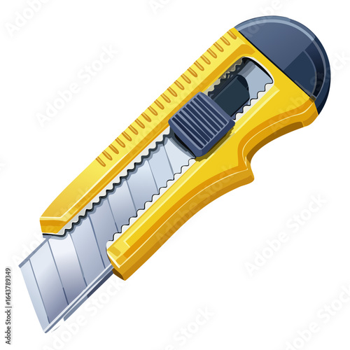Box cutter with a yellow plastic handle sharp blade illustration