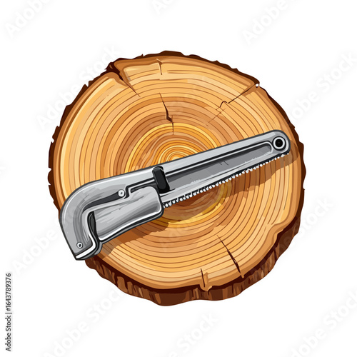 Cartoon hand saw illustration on a wood slice Forestry equipment vector