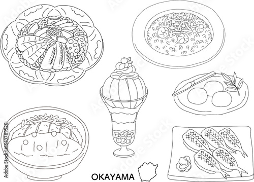 岡山グルメ旅行の食べ物のイラストセット