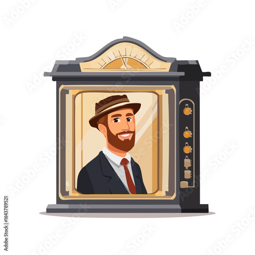 Cartoon man with beard in elevator, dapper fellow in old lift with controls
