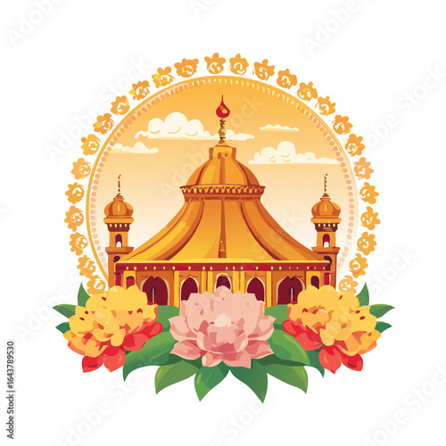 Golden temple illustration with flower frame Asian culture vector graphic
