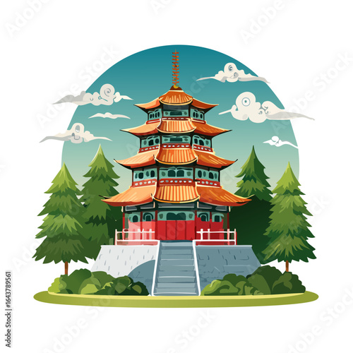 Stylized illustration of a multilevel pagoda in a forest, with clouds in the sky