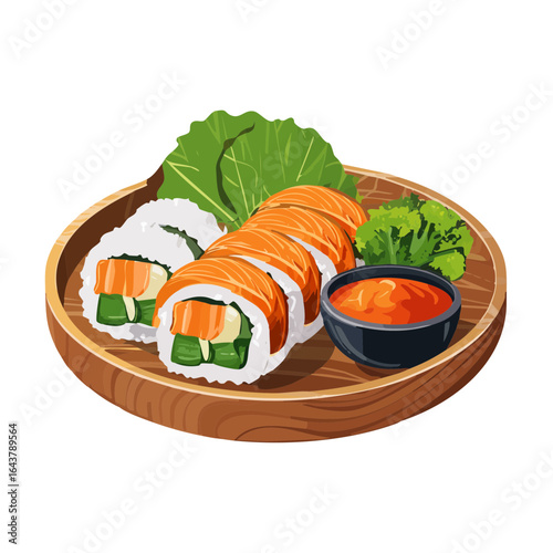 Salmon sushi roll set with vegetables and spicy sauce on a wooden plate, delicious traditional Japanese seafood cuisine