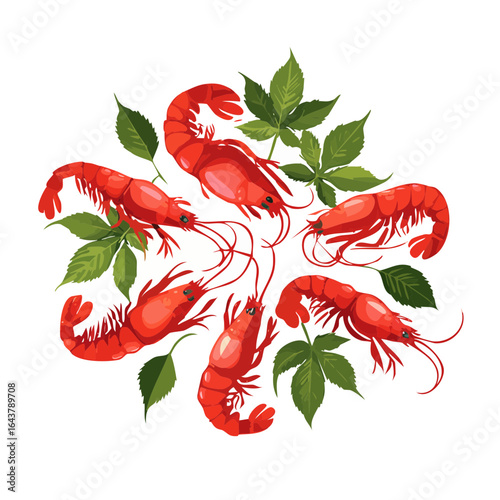 Red Shrimp Circular Pattern with Green Leaves on Black Seafood Culinary Design Element