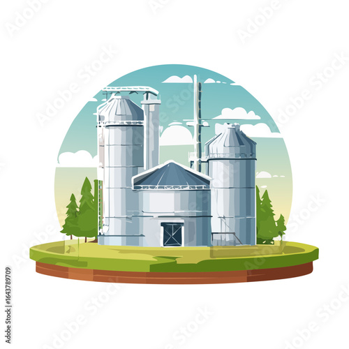 Industrial plant illustration with silos smokestack and trees. Factory landscape cartoon style. Energy manufacturing background with vector design.