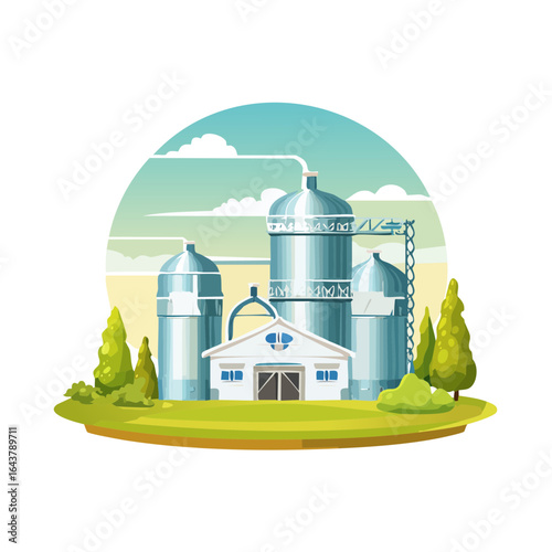 Farm vector illustration showcasing silos barn trees and green grass on a sunny day agriculture rural scenery