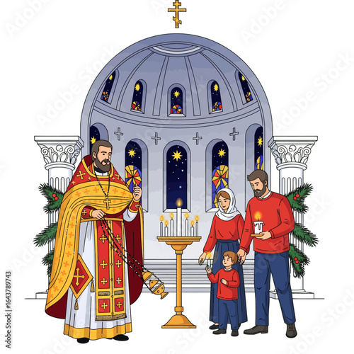 Orthodox Christmas celebration with a priest and a family holding candles during a church service in front of the altar