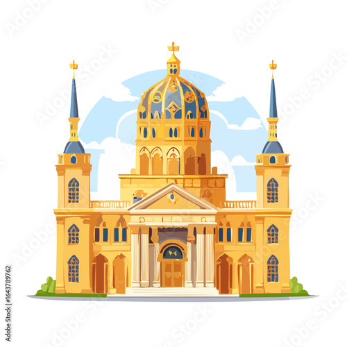 Whimsical Golden Palace Illustration with Dome and Towers against Cloudy Sky