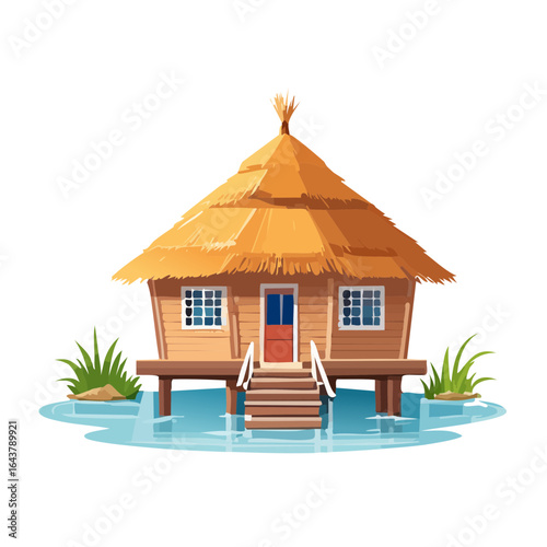 Tropical stilt hut illustration with thatched roof over water. Island vacation cabin rental concept.