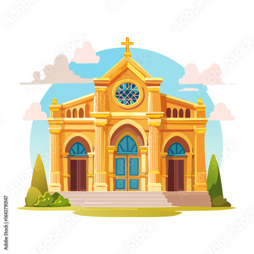 Cartoon Church Building with Cross, Arches, and Steps in Stylized Landscape