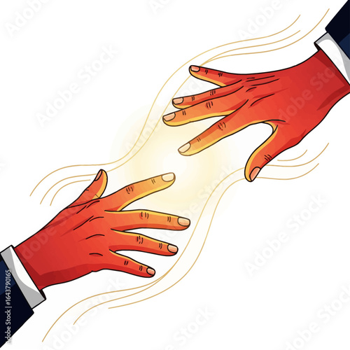 Vector illustration of two disembodied hands with fingers extended, reaching towards each other but not touching, on a vibrant orange and red background