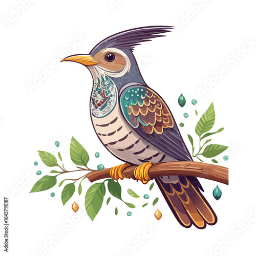 Ornamental bird perched on a branch with leaves and gems, colorful plumage illustration